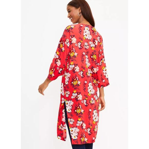 New LOFT Duster Wrap Kimono Red Floral Lightweight Summer Layering M/L Boho - Picture 4 of 11